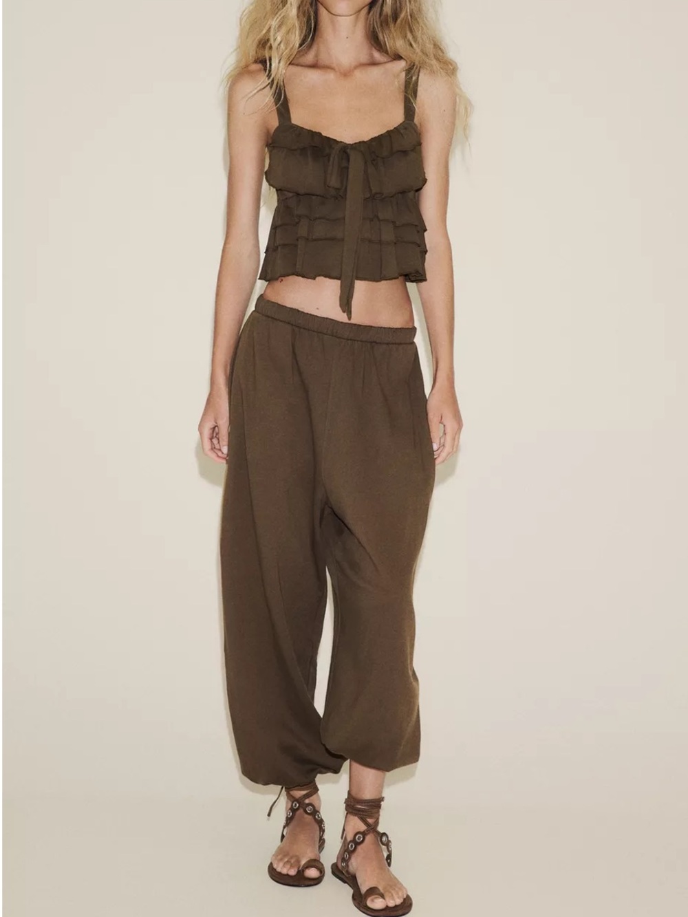 ZARA SET OF PLUSH BALLOON PANTS SMALL AND RUFFLE TOP MEDIUM BROWN